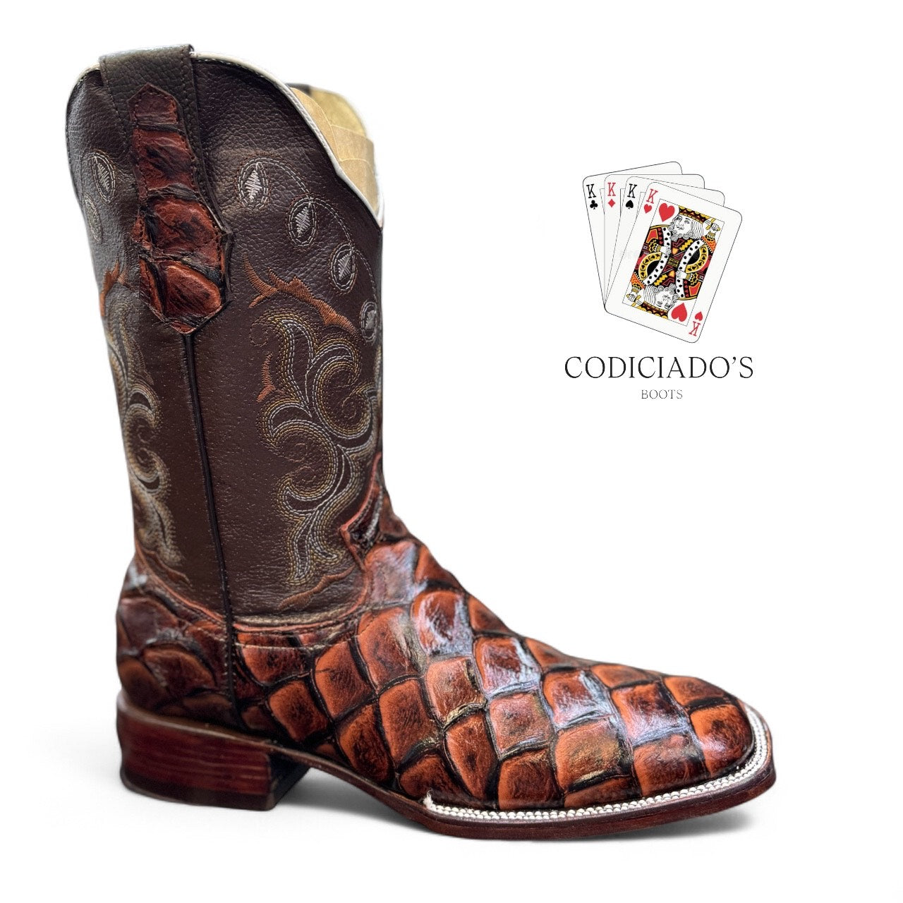 botas 27 bulldog piel grabado exotico pescado coñac